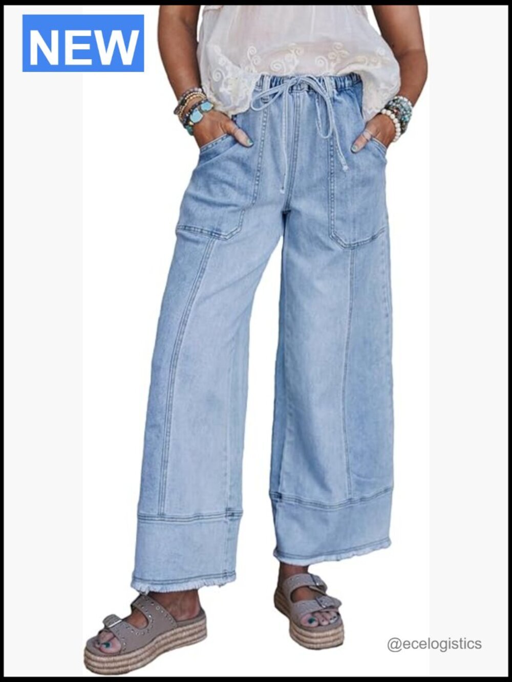 High Waisted Wide Leg Baggy Jeans Drawstring Stretch Denim